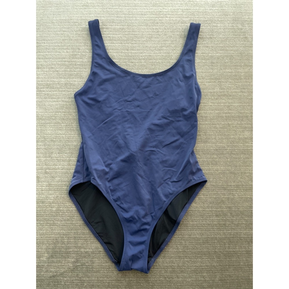Solid & Striped One Piece Swim Suit Women L Open Back Blue Modest Minimalist